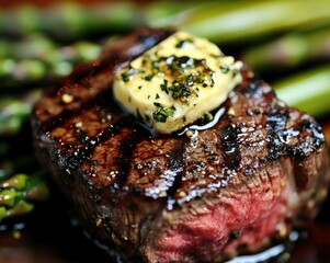 Grilled Tenderloin Steak With Herb Butter Topping and Fresh Asparagus on a Rustic Wooden Plate