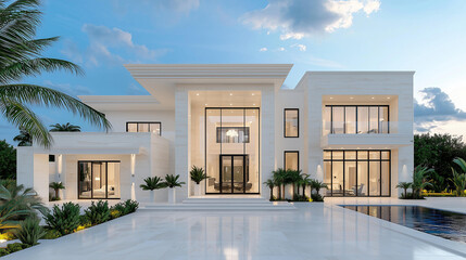 Fototapeta premium A breathtaking luxury modern house with a sleek white facade, large glass windows, and tropical landscaping at dusk.