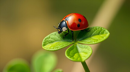 Fototapeta premium Ladybug on green leaf. ladybug on a green leaf with a soft blurred background. Bright red beetle with black spots resting on fresh foliage.