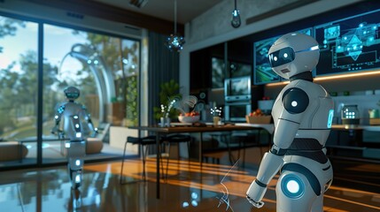 Fototapeta premium A robotic assistant in a modern home, vacuuming the floor while another AI robot cooks in the kitchen, both controlled by a centralized AI hub displayed on a screen.