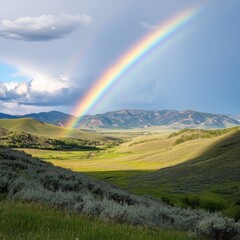 Obraz premium Majestic Rainbow Over Green Valley Hills Sunlight Radiating From Clouds Landscape Scenic Vista