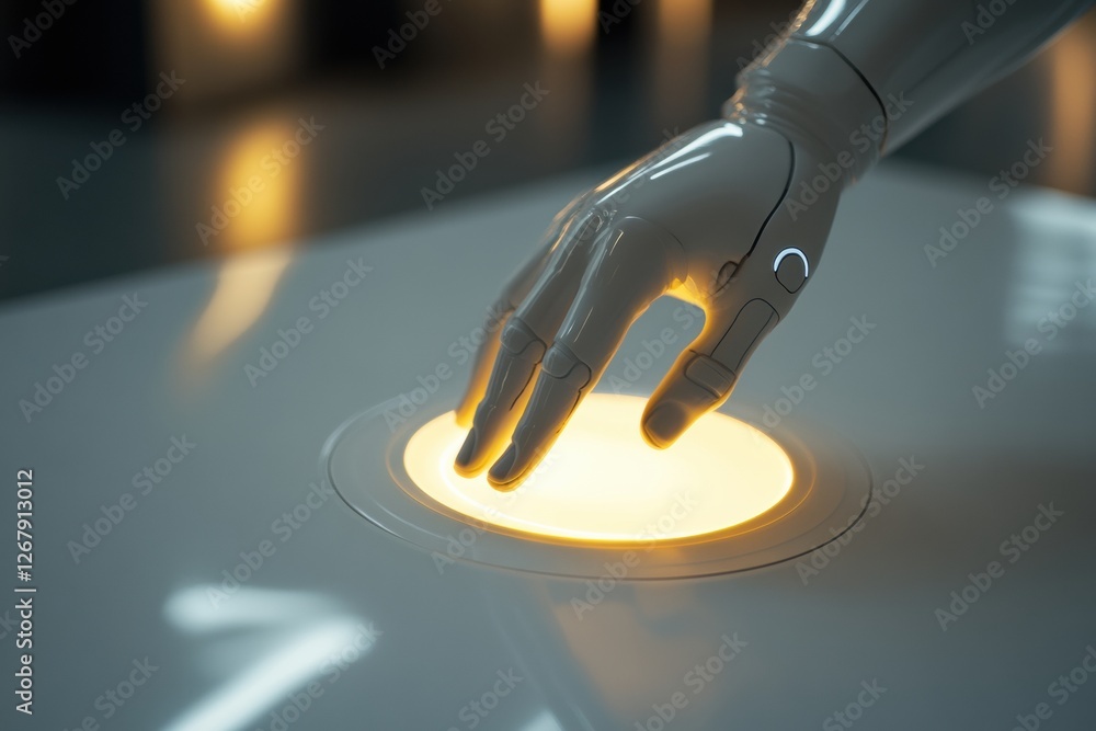 Aufkleber Robotic hand interacts with a glowing virtual button in a futuristic environment during advanced technology demonstration. Generative AI