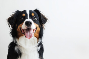 Funny and cheerful black-white-orange dog, highlighted on a white background. Care concept, animal life, health, exhibition. Isolated. Copy space for ad