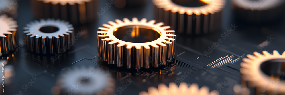 Poster golden gears on a dark surface, symbolizing precision and innovation. connecting elements for progre