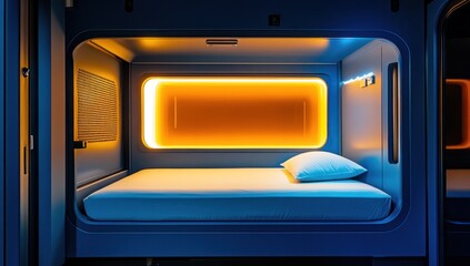 Obraz premium Futuristic Capsule Hotel Room: Sleek Design, Modern Comfort