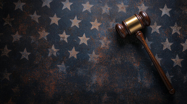  A wooden judge&rsquo;s gavel rests on a distressed American flag, symbolizing law, justice, and governance in the United States.