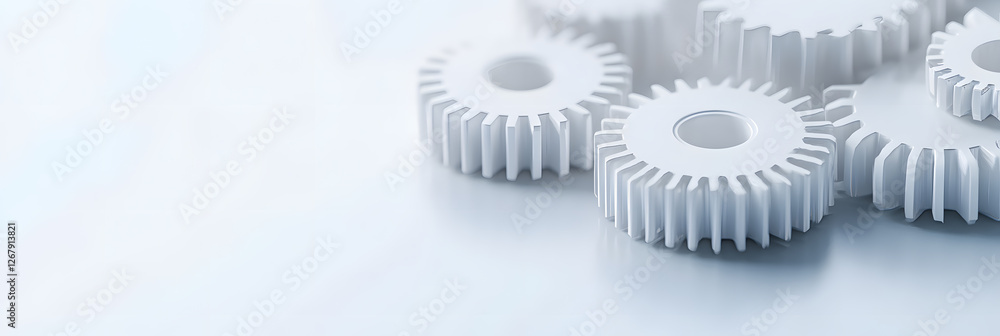 Poster white gears: precision and mechanics. interlocking components drive efficiency and innovation in mot