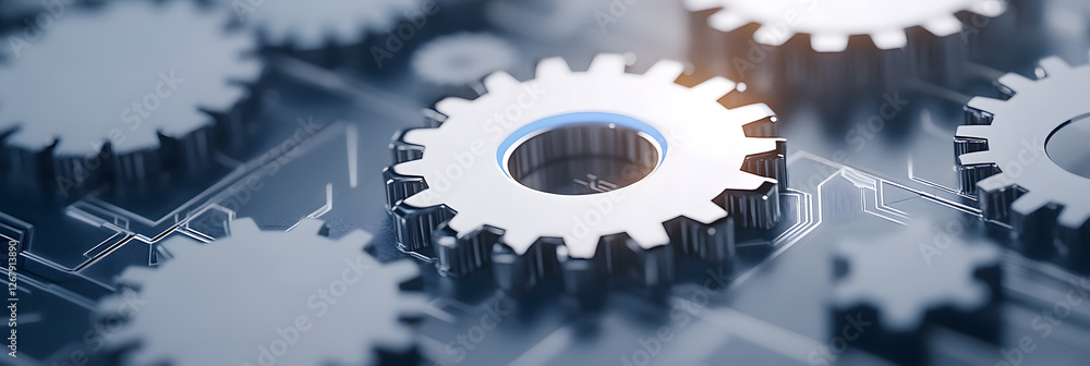 Poster gears interconnected: a close-up showcases interconnected gears, symbolizing mechanics, engineering,