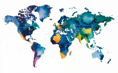 A colorful, hand-painted world map using watercolor.