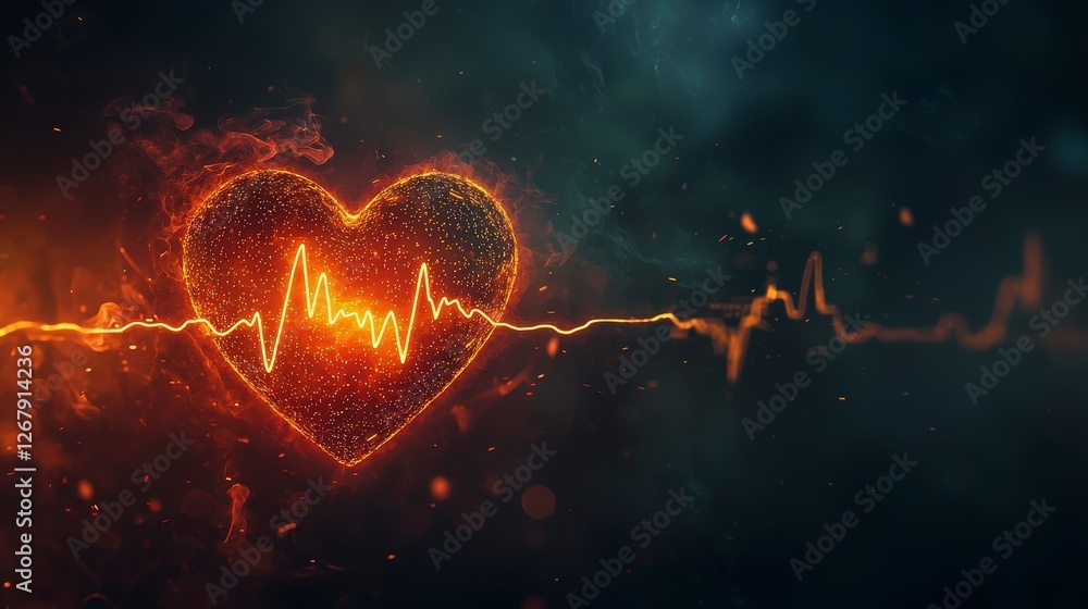 Poster an enchanting heart illuminated with glowing particles and a radiant pulse line, capturing the essen