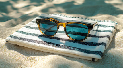 Stylish sunglasses resting on a striped white towel on the sandy beach under warm sunlight.