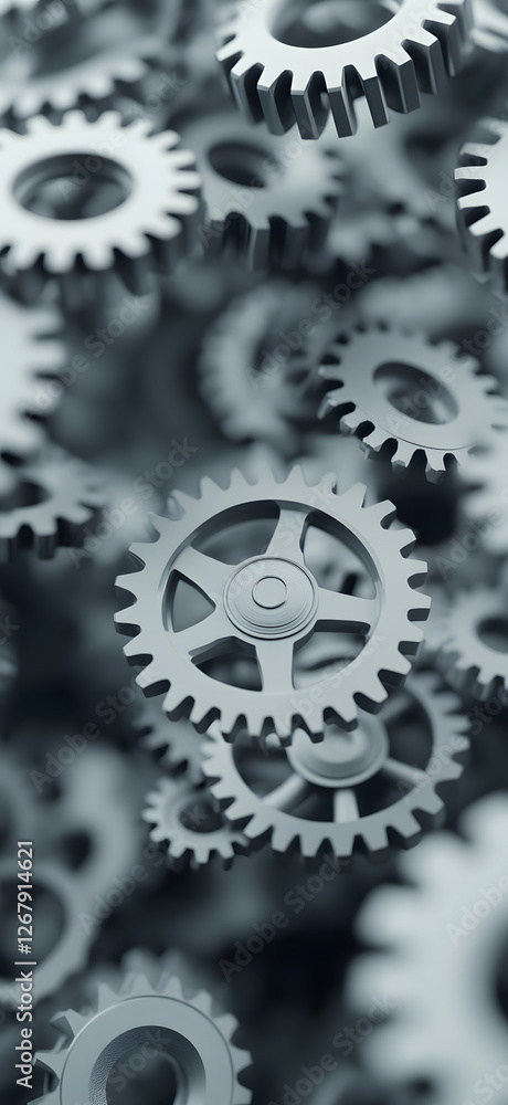 Poster interlocking gears: close-up view of metallic cogs, symbolizing connection, precision, and mechanica