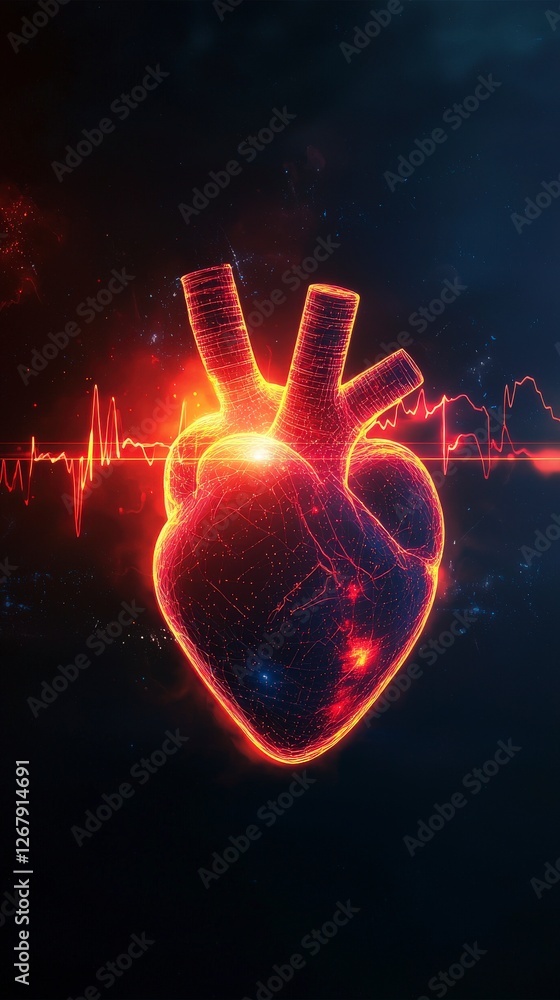 Poster a powerful image of a heart radiating energy with pulsating waves, symbolizing vitality and deep emo