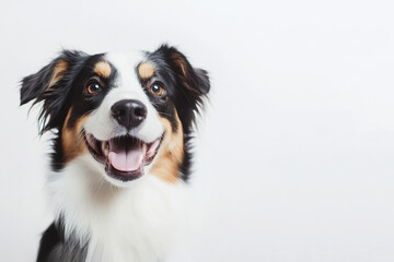 Funny and cheerful black-white-orange dog, highlighted on a white background. Care concept, animal life, health, exhibition. Isolated. Copy space for ad