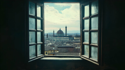 View from an old window overlooking Florence Duomo Basilica, representing historical architecture 16:9 - Image #4 @fme39856