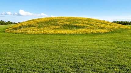 Naklejka premium Vibrant Yellow Wildflowers Blooming On A Lush Green Hill Under A Clear Blue Sky