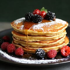 Stack of Pancakes with Berries and Drizzled Syrup Culinary Food Photography close up Studio Shot