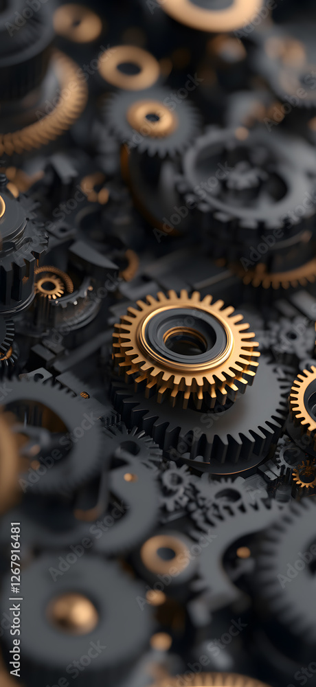 Poster a complex display of metallic gears in muted tones, with highlights of gold, creating a rich tapestr
