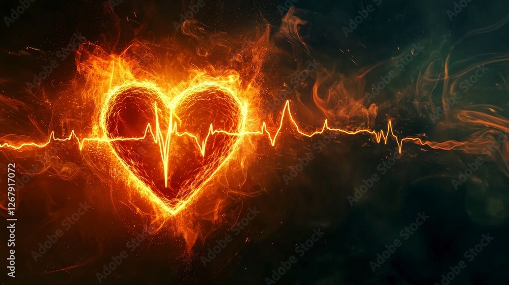 Poster a dynamic heart surrounded by vibrant flames and a pulsating heartbeat line captures the essence of 