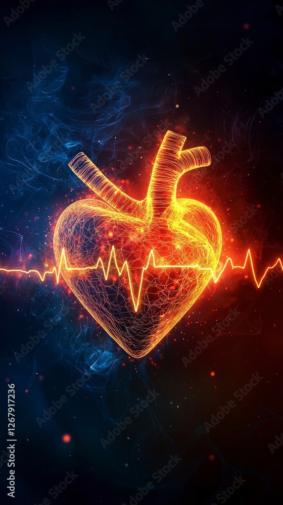 Poster a radiant heart pulsating with colorful flames brings forth a striking visual narrative of emotion a