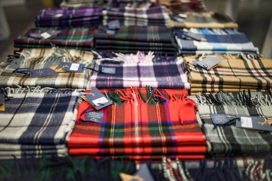 Edinburgh, Scotland: different kind of scalfs in traditional Scottish pattern