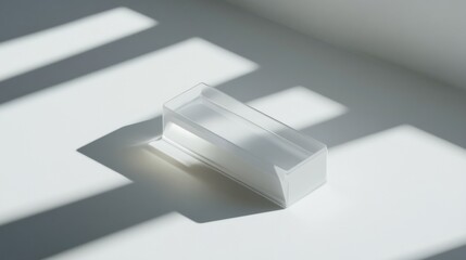 Minimalist translucent acrylic rectangular container on white surface with sunlight shadows.