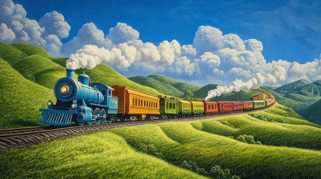 Colorful train travels through rolling hills under a blue sky. Possible use Children's book illustration or a whimsical travel poster