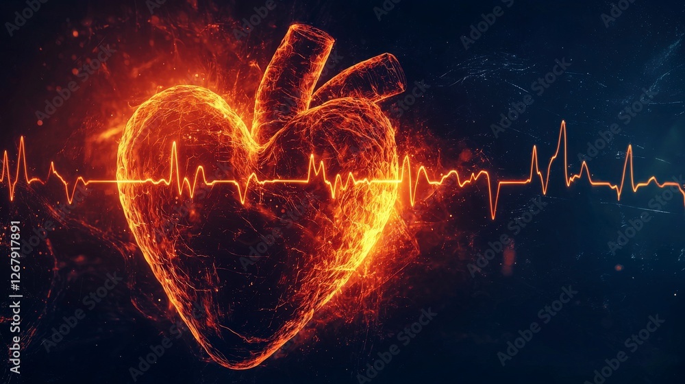 Poster this artistic representation features a glowing heart and heartbeat pulse, illustrating the core con
