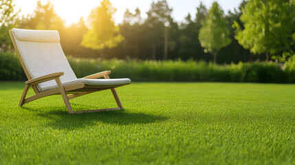 Lounge chair on manicured lawn in dappled sunlight. An inviting scene to relax and enjoy the outdoors. Bright sunshine and green grass offer serenity.