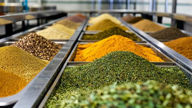 Spice market stall displays colorful, aromatic mounds of dried herbs & spices