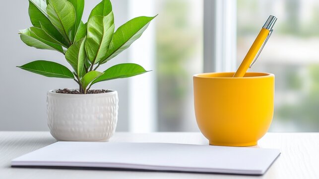 Vibrant Workspace Featuring Green Plant in White Pot and Yellow Cup with Pencil on Desk - Powered by Adobe