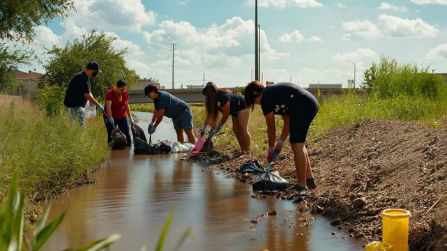 Volunteers cleaning polluted urban canal near highway