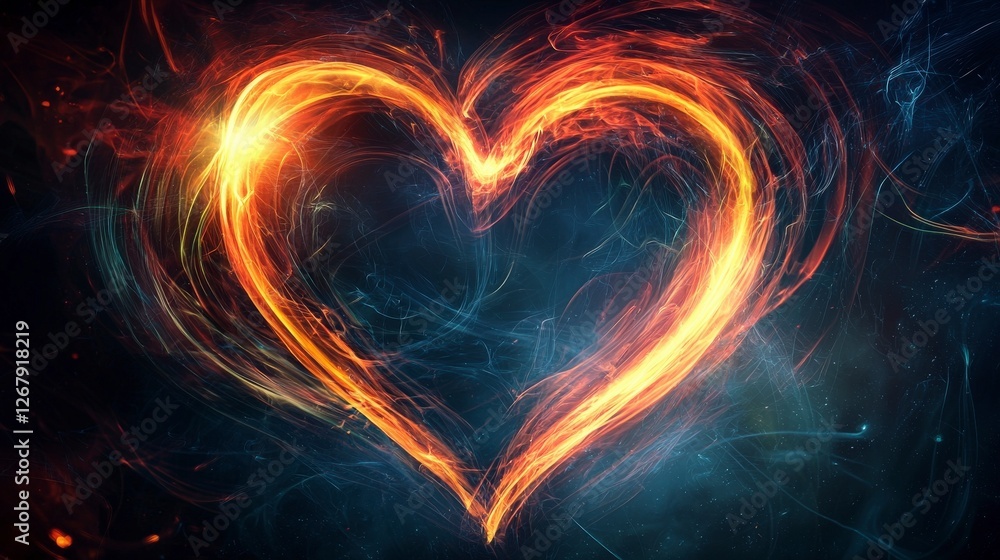 Poster this striking image features a heart symbol made of flames, surrounded by an ethereal swirl of color