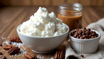 Cottage Cheese and Pecans on Wood Table