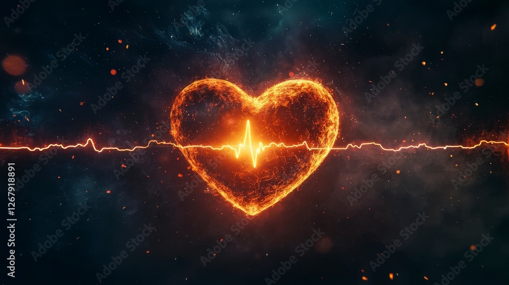 Aufkleber an artistic representation of a heart wrapped in flames with a clear pulse line running through it, 