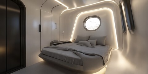 Naklejka premium Futuristic Bedroom Design: Sleek, Modern, and Space-Saving