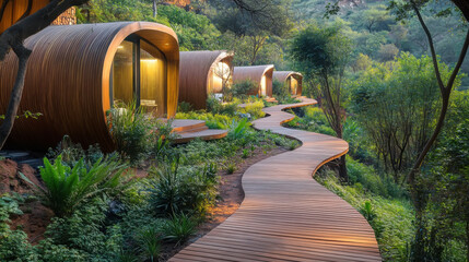 Serene eco resorts with winding wooden pathway in lush natural setting