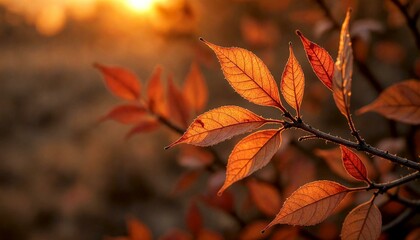 Autumn Branch with Leaves Illuminated by Sunset