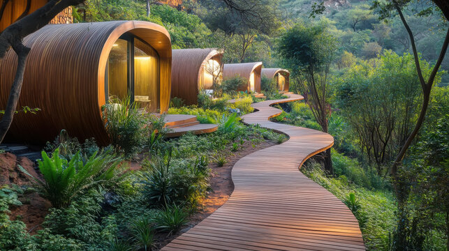 Serene eco resorts with winding wooden pathway in lush natural setting