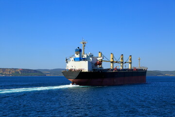 A dry cargo ship underway. A ship passing through the Dardanelles. Turkey