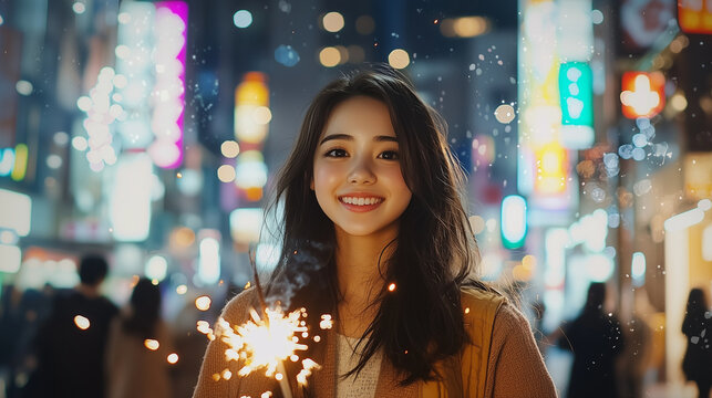 Young Woman Celebrating with Sparkler in Lively Urban Night Scene