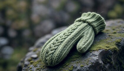 Fototapeta premium Green Knitted Mittens on Moss Rock