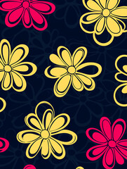 Obraz premium Vibrant floral pattern with yellow and pink flowers on a dark blue background featuring subtle flower outlines.