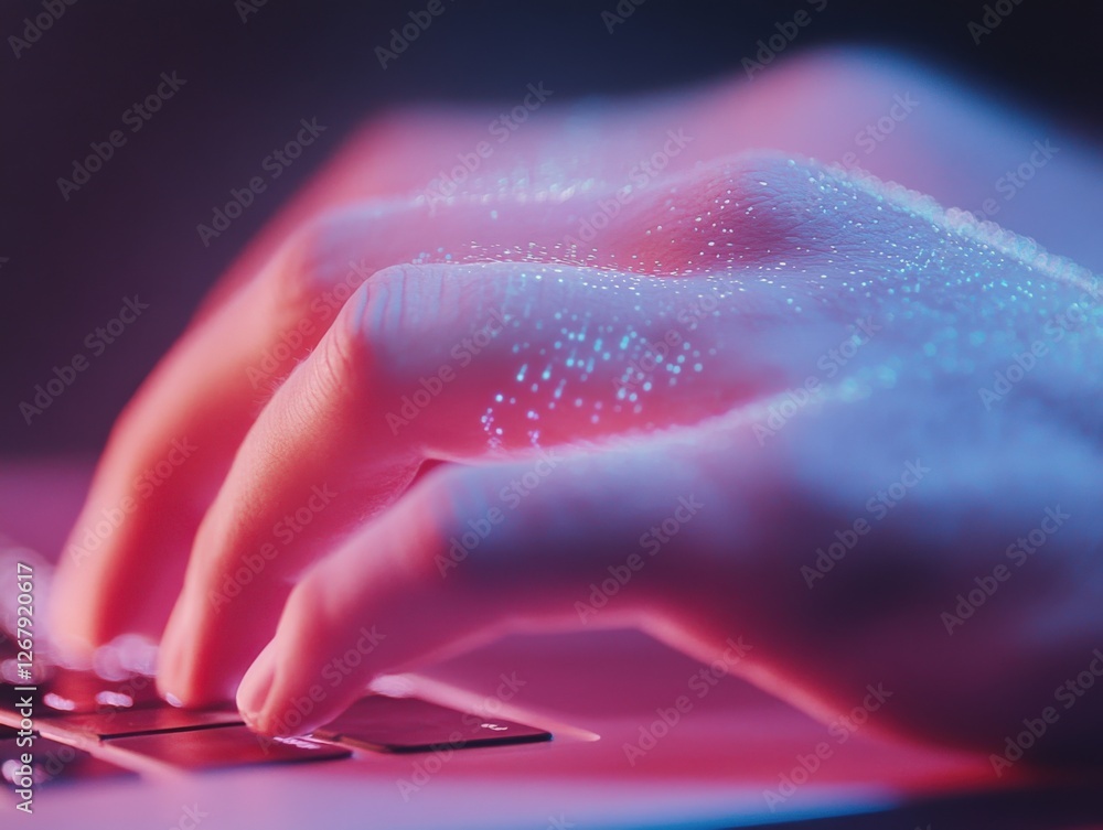 Aufkleber hands typing on a keyboard with glowing particles