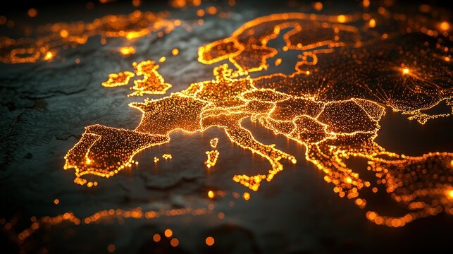 European Union map, glowing network, dark background, digital illustration, for global connectivity concept