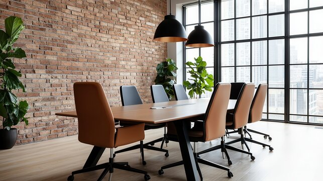 Industrial style combines modern design with exposed brick elements. Modern conference room with large windows and stylish furniture.