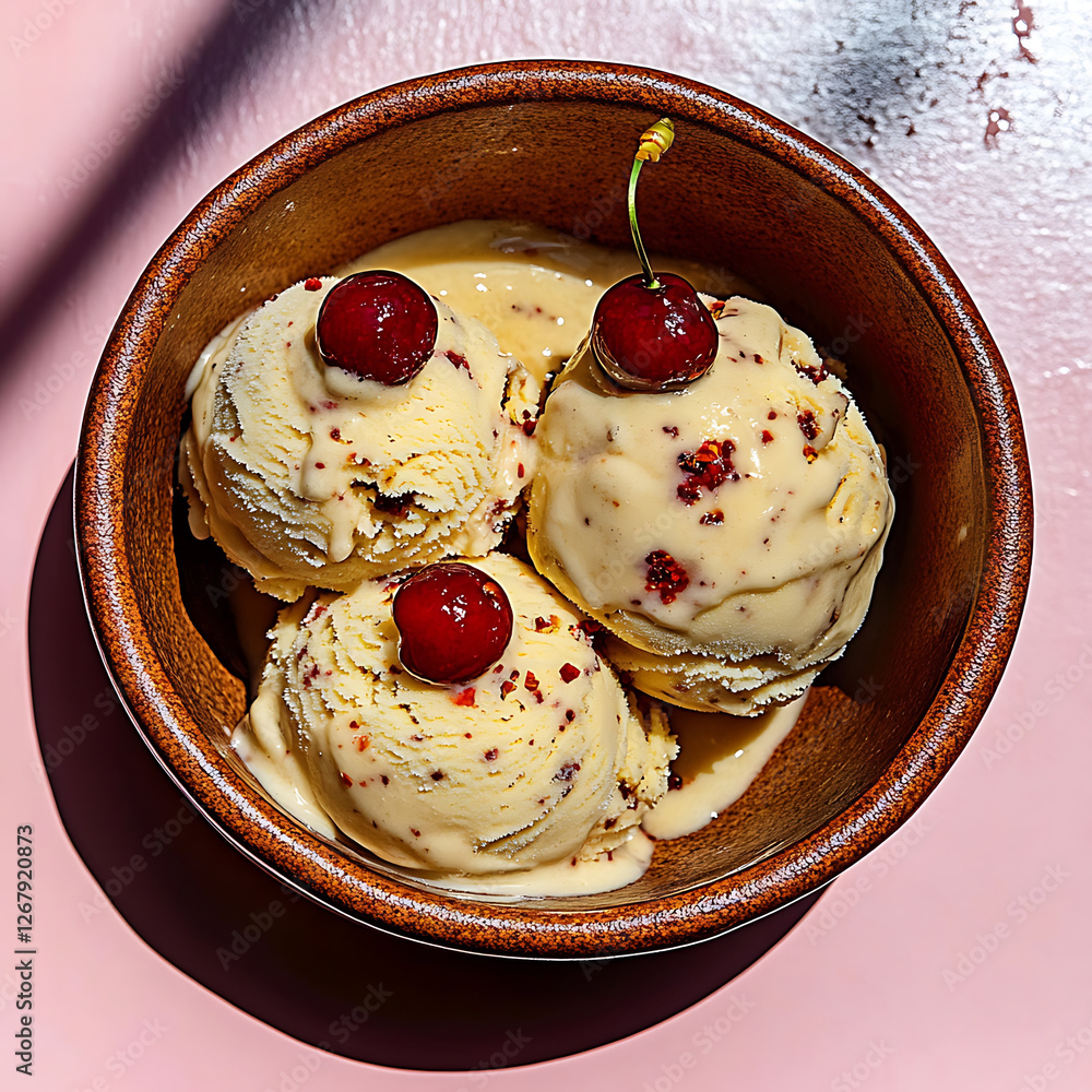 Wall mural Three scoops of vanilla ice cream adorned with cherries presented in a brown bowl against a light pink background.