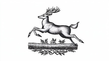 Fototapeta premium Engraved deer leaps over a fallen log decorated with leaves presented in stark black and white.