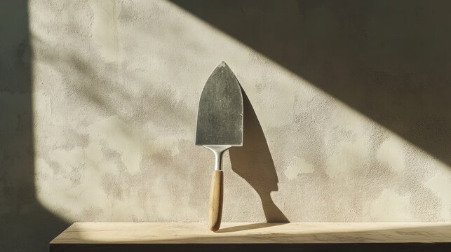 Metal spatula with wooden handle on wooden surface, sunlight.