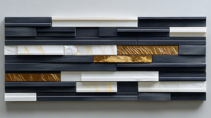 Rectangular blocks arranged in horizontal layers; contrasting black white and gold with textured surfaces.